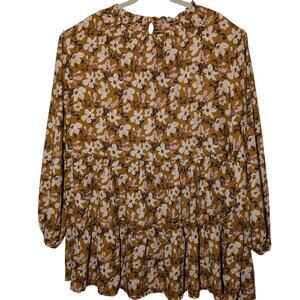Floral Tiered Top Blouse Women Sz 3XL Smocked Boat Neck Balloon Sleeve Hayden LA